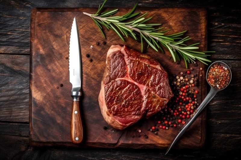 dark beef salt grill food fried red meat steak background raw. Generative AI.