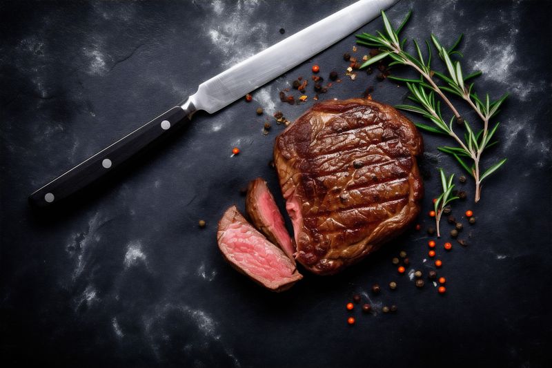 beef fried grill dark spice meat raw background red food steak. Generative AI.