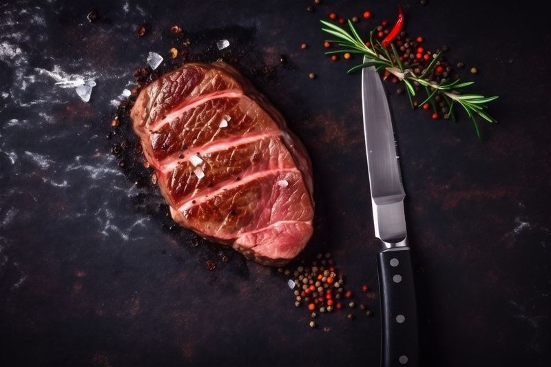 fried meat food raw steak fillet beef red dark background grill. Generative AI.