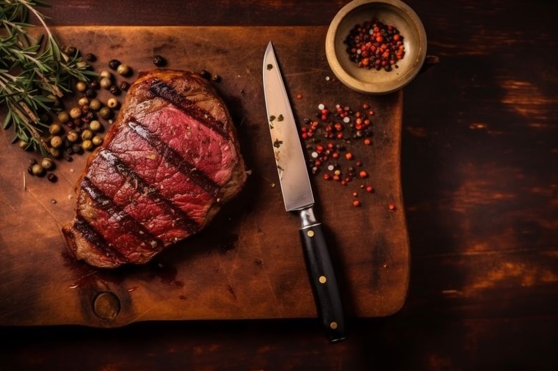 grill fried chop red food background raw dark beef steak meat. Generative AI.