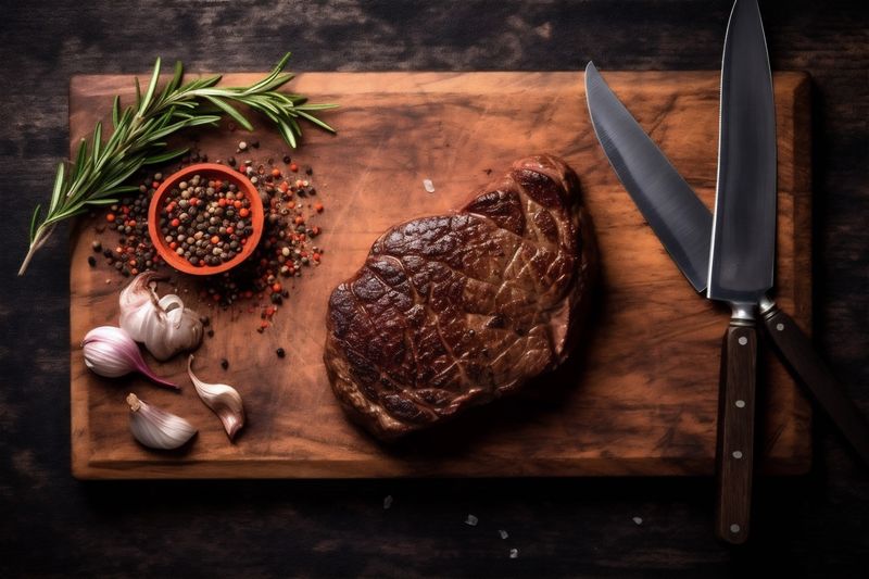 red dinner raw grill fried meat food dark steak background beef. Generative AI.