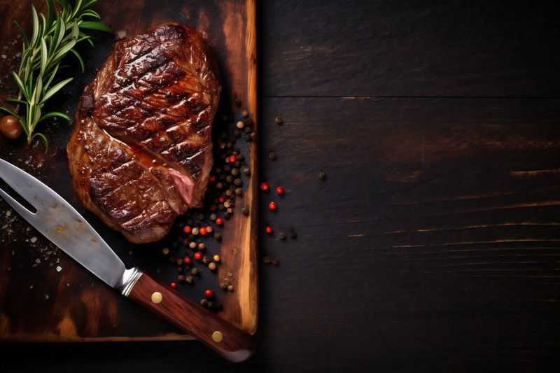 red dark background food grill raw salt meat steak beef fried. Generative AI.