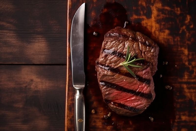 steak smoke fried dark background red raw food grill beef meat. Generative AI.