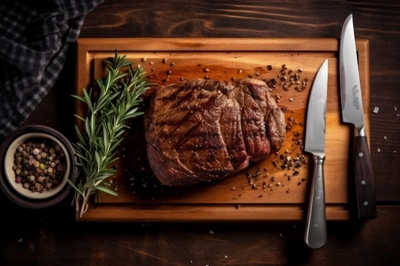 fried red background grill steak dark food beef meat raw sirloin. Generative AI.