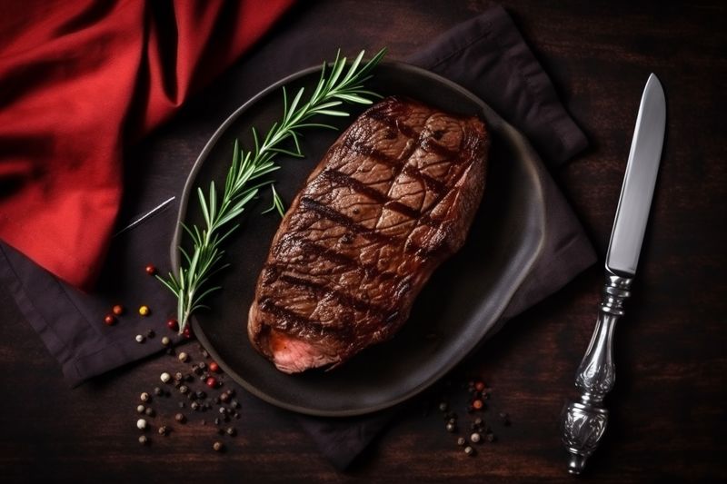 beef grill red raw meat food fried slice dark steak background. Generative AI.