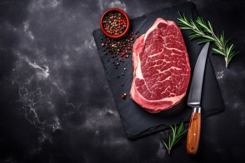 red background bbq food raw beef grill meat steak fried dark. Generative AI.