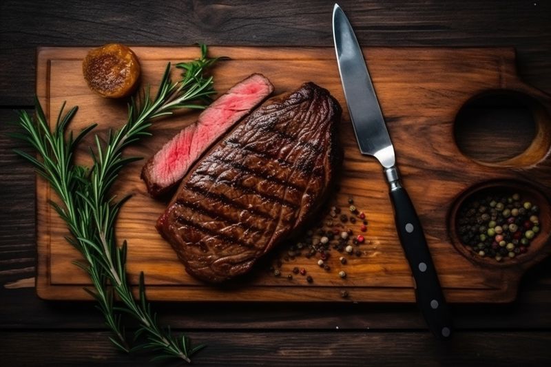 fried medium food dark steak raw grill red background beef meat. Generative AI.