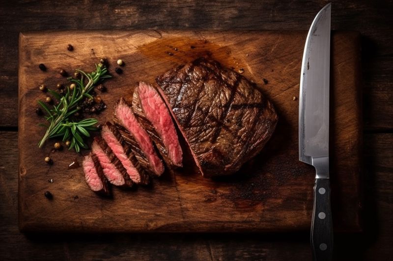 dark raw red fresh fried grill meat food background steak beef. Generative AI.