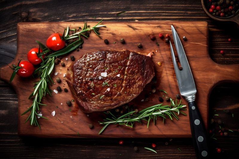 meat grill raw fried steak red food beef background dark meal. Generative AI.