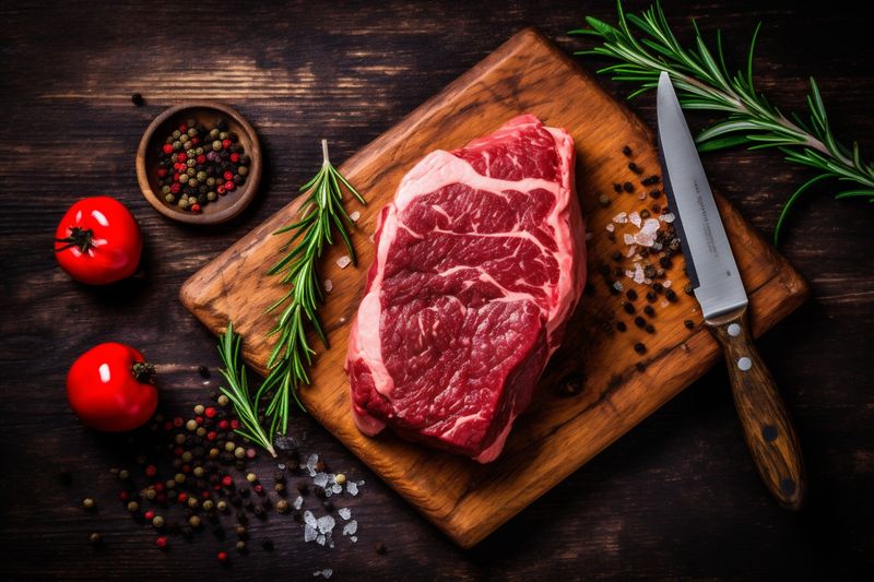 red steak fried meat food beef background raw grill preparation dark. Generative AI.