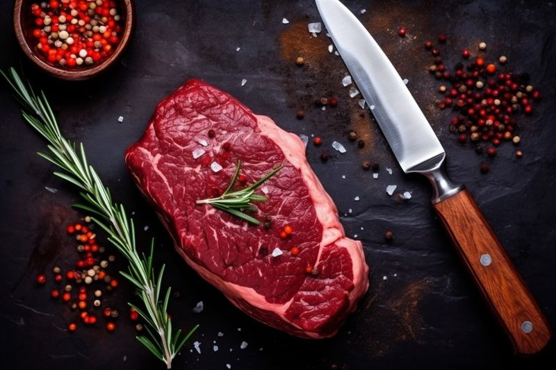 food grill dark background steak fried beef meat red raw salt. Generative AI.