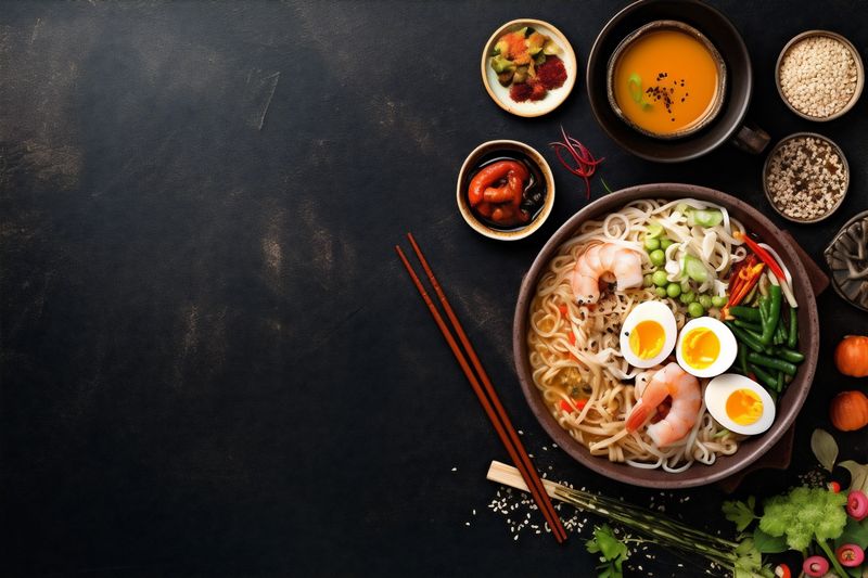 meal ramen food soup vegetable japanese chopstick noodle asian bowl. Generative AI.