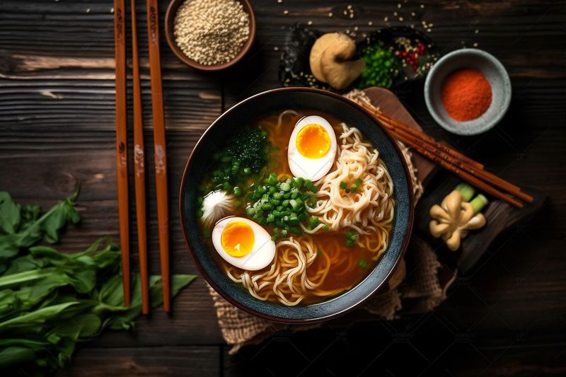 ramen vegetable asian meal soup japanese chopstick noodle bowl food. Generative AI.