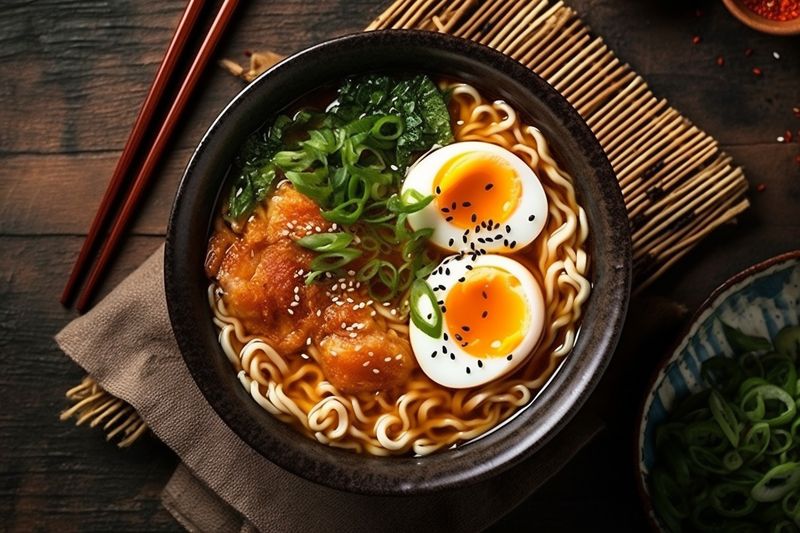 chopstick japanese food vegetable ramen soup bowl noodle asian meal. Generative AI.