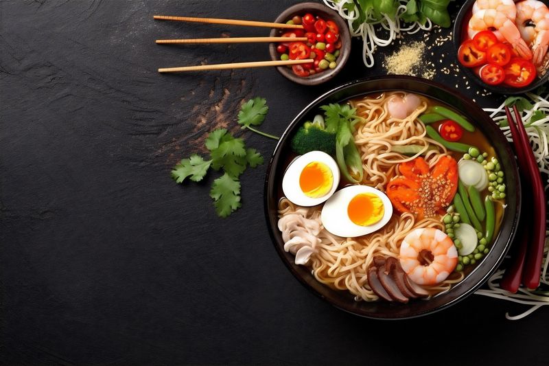 noodle soup ramen meal asian chopstick food vegetable japanese bowl. Generative AI.