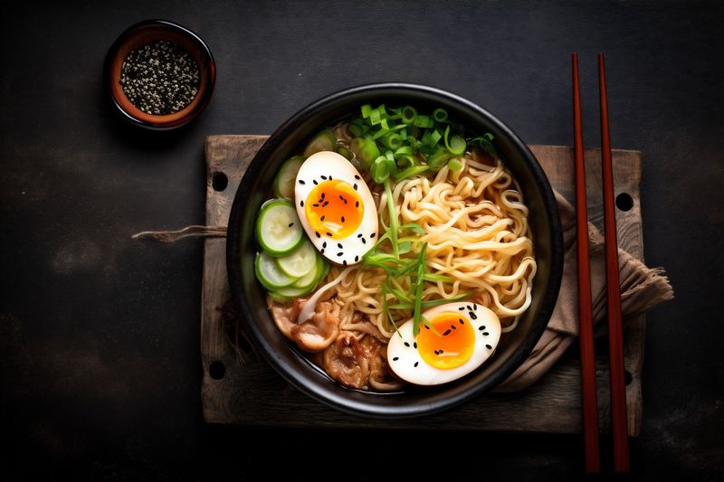 soup ramen vegetable meal noodle bowl asian food chopstick japanese. Generative AI.