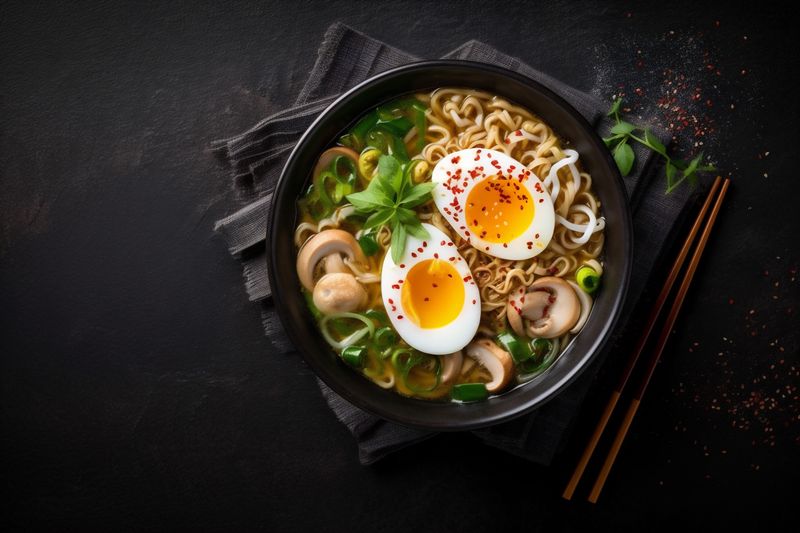 bowl soup chopstick vegetable noodle japanese meal ramen food asian. Generative AI.