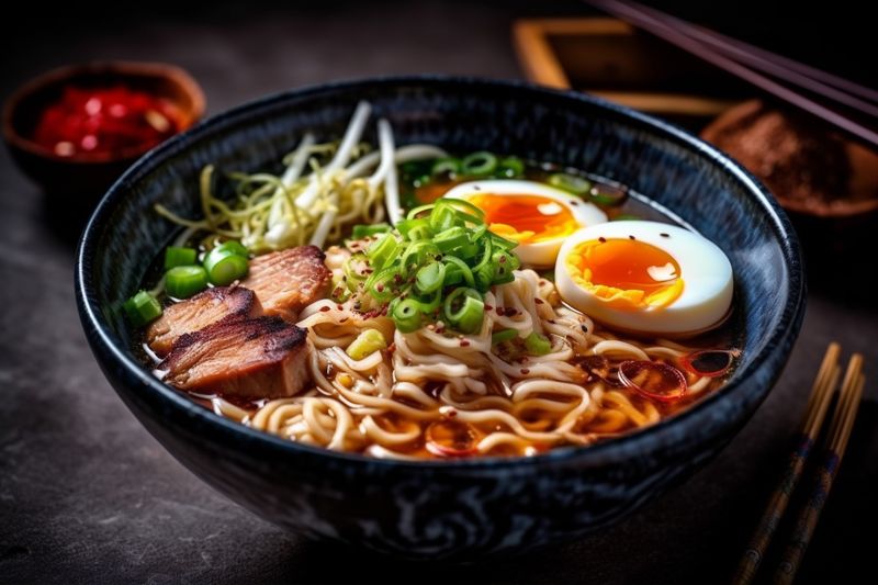 food asian vegetable noodle japanese chopstick soup ramen bowl meal. Generative AI.