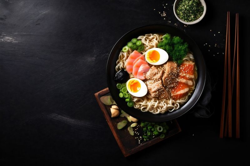 noodle soup vegetable ramen food bowl asian japanese meal chopstick. Generative AI.