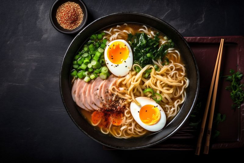 soup chopstick bowl vegetable noodle food asian ramen meal japanese. Generative AI.
