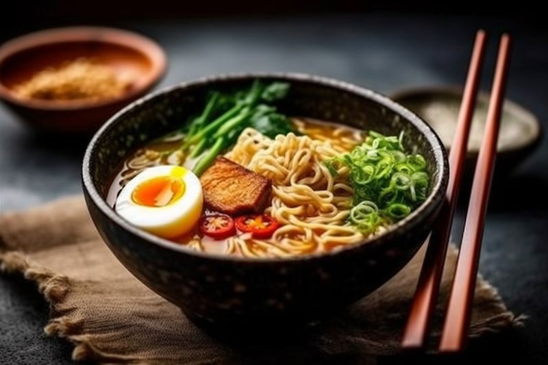 asian food ramen meal noodle japanese bowl chopstick soup vegetable. Generative AI.