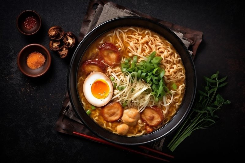 asian japanese chopstick vegetable meal bowl soup ramen food noodle. Generative AI.