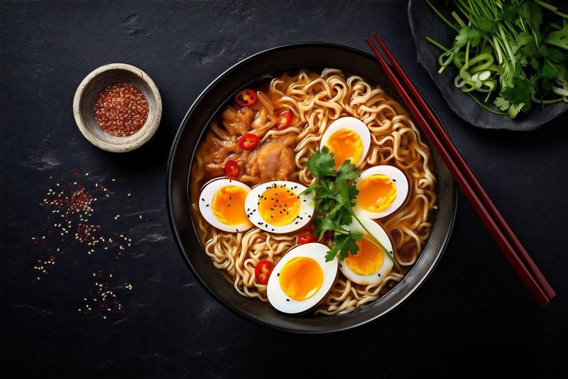 asian bowl meal vegetable noodle food japanese chopstick soup ramen. Generative AI.