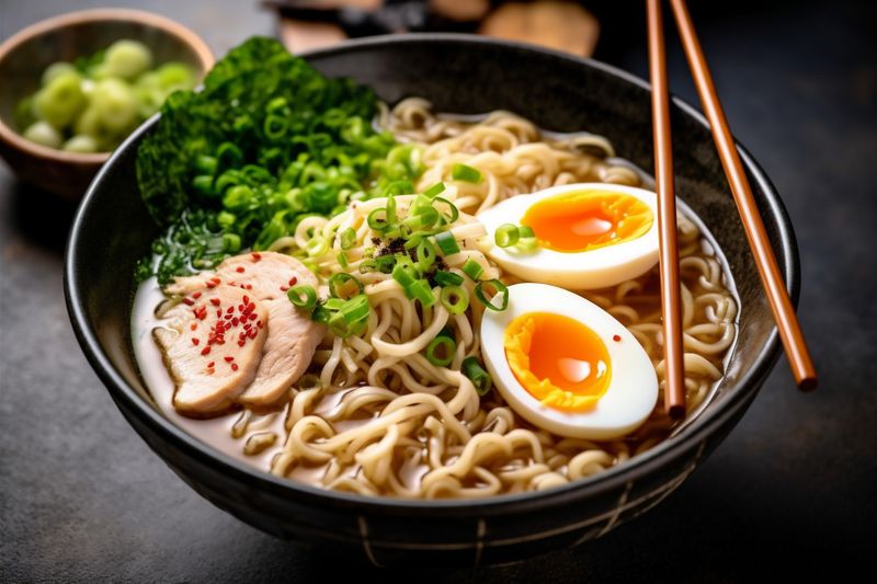 soup asian ramen japanese food bowl meal vegetable chopstick noodle. Generative AI.