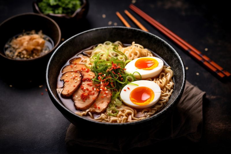 food chopstick bowl meal vegetable noodle japanese ramen asian soup. Generative AI.