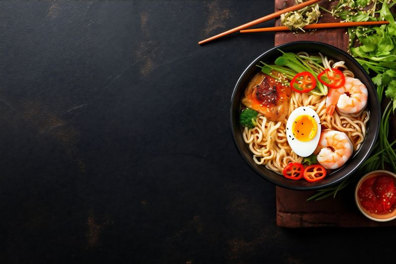 soup noodle bowl chopstick meal ramen asian food vegetable japanese. Generative AI.
