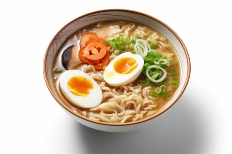 white background noodle soup meal ramen bowl food asian japanese miso. Generative AI.