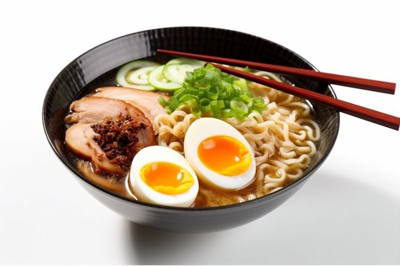asian soup food onion ramen noodle japanese bowl meal background white. Generative AI.