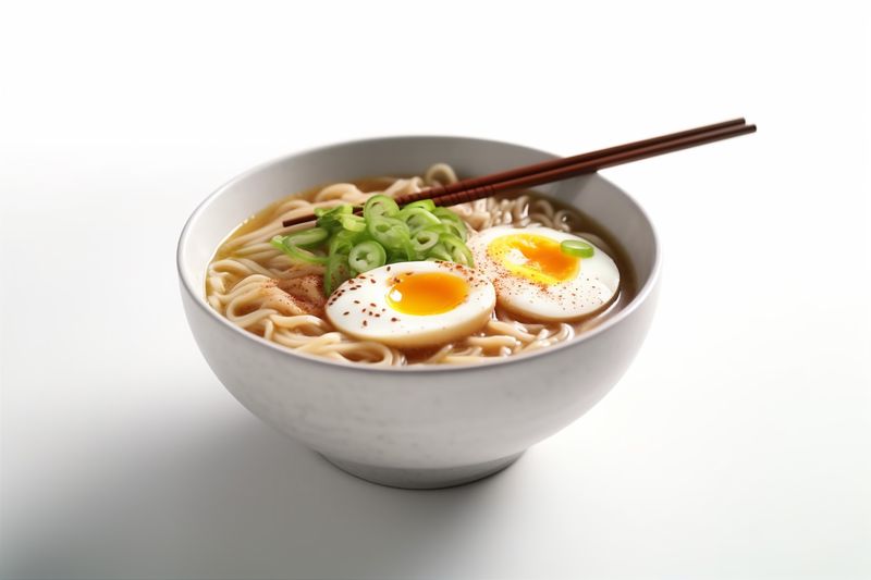 meal delicious noodle soup white japanese asian bowl food ramen background. Generative AI.