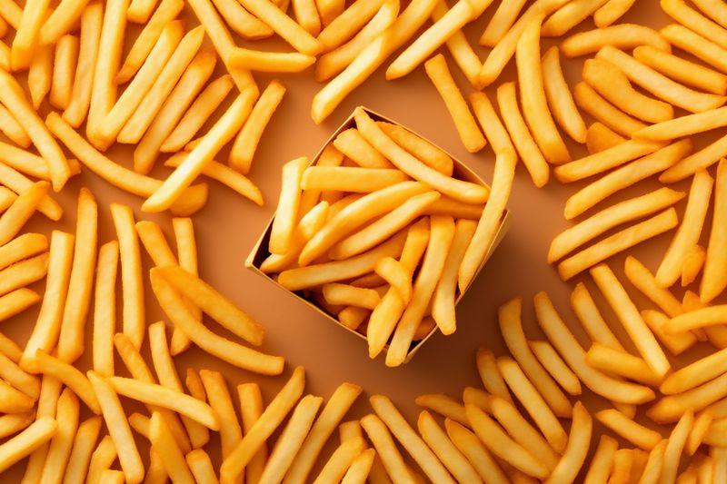 fry tasty fat background potato food snack french yellow chip meal. Generative AI.