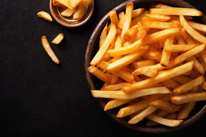 fry fat meal potato background chip food rustic tasty french snack. Generative AI.