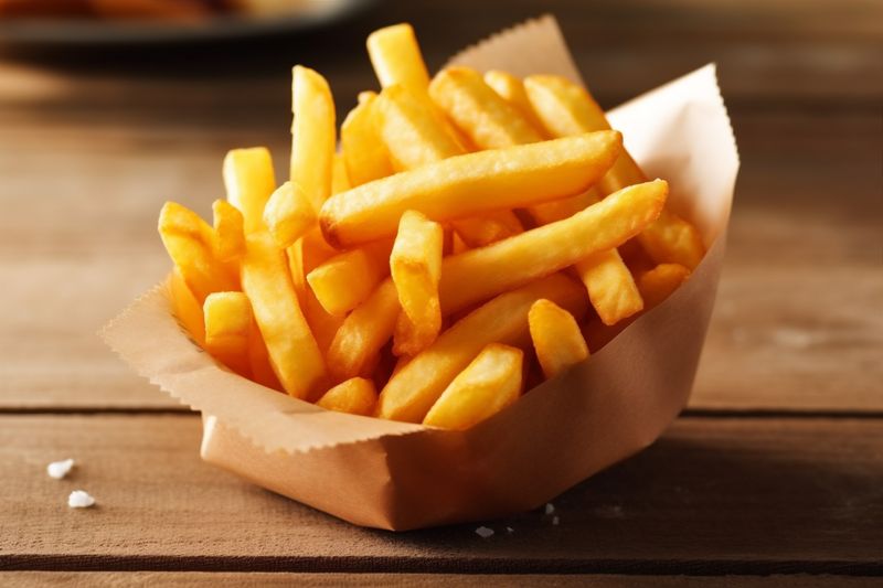 fry chip background tasty meal snack food potato black fat french. Generative AI.