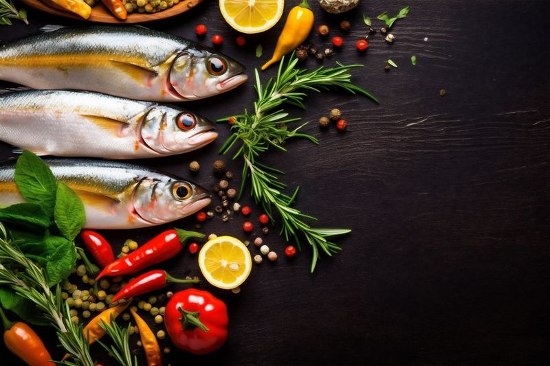 seafood fish healthy dinner dark fresh raw background meal smoked food. Generative AI.