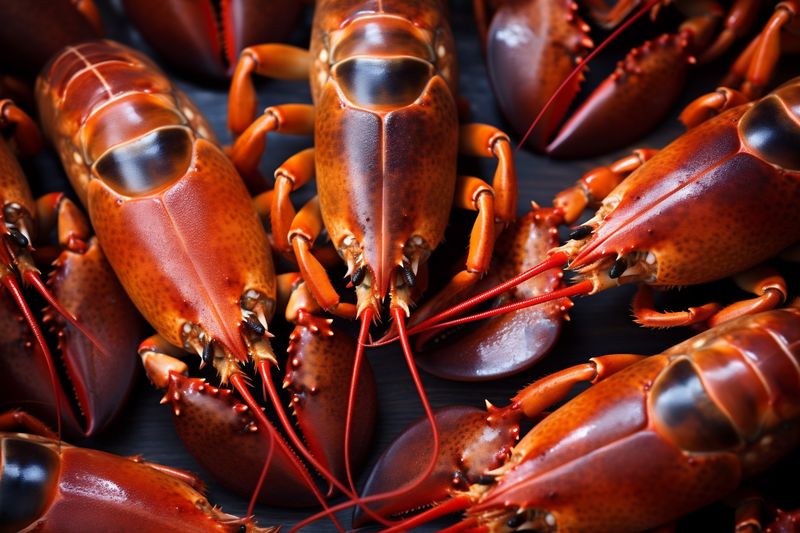 boiled cooked crayfish close-up crawfish claw lobster background red food seafood. Generative AI.
