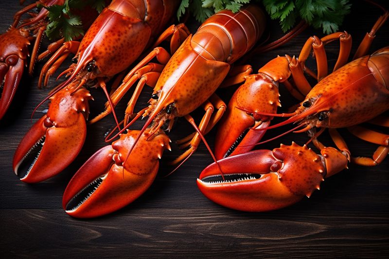 cooked lobster copy food crawfish claw boiled crayfish seafood space red background. Generative AI.