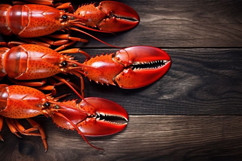 red plate background crawfish cooked boiled seafood lobster claw crayfish food. Generative AI.
