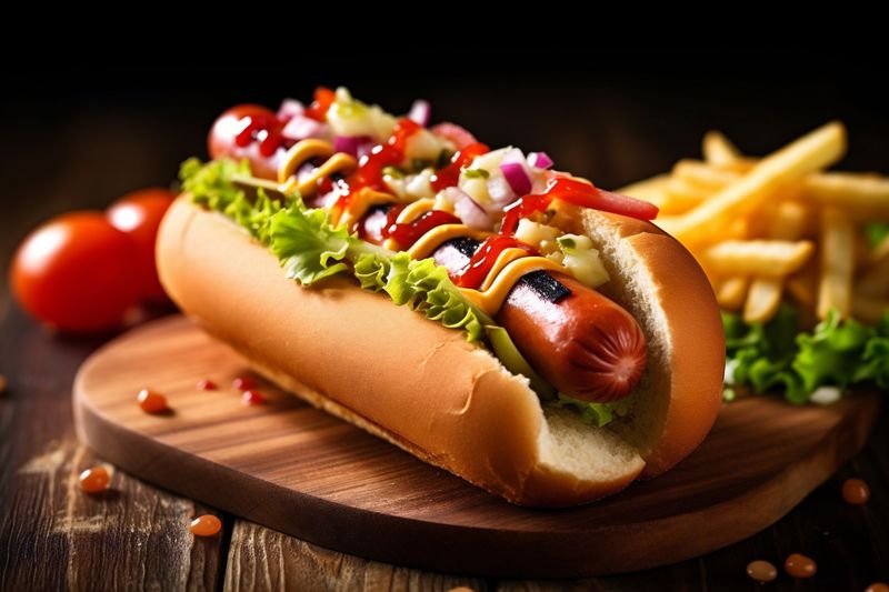 meat dog fresh sausage fast american sauce hot bread food background. Generative AI.
