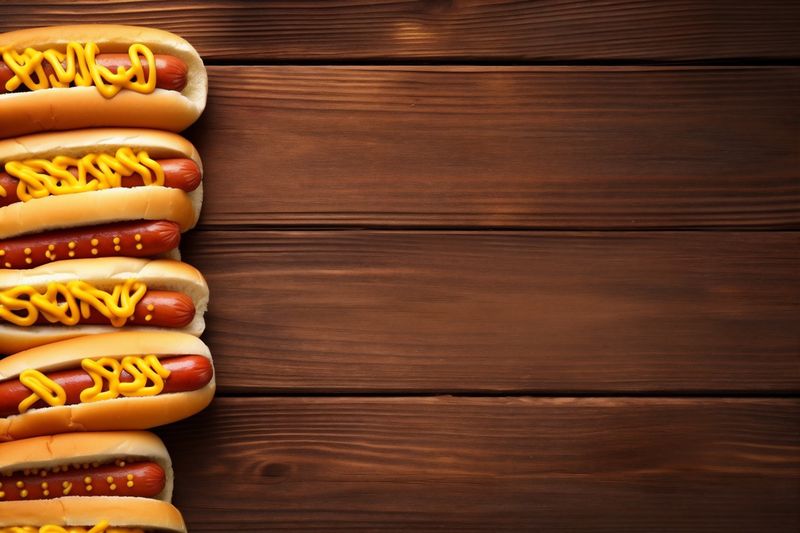 hot dog american sauce food bread fast grilled sausage meat background. Generative AI.