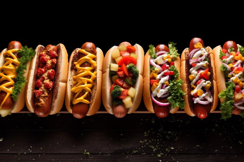 eat dog american food bread hot meat sausage background fast sauce. Generative AI.