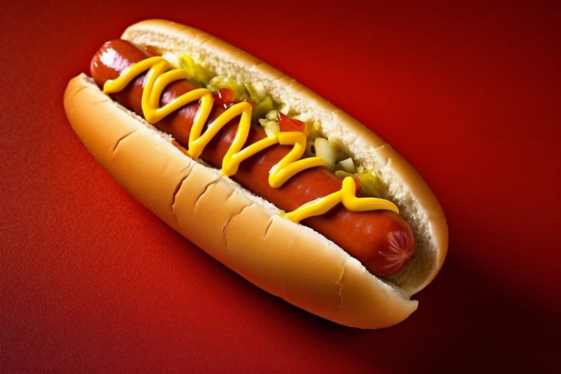 background dog sausage meat american ketchup bread food sauce hot fast. Generative AI.