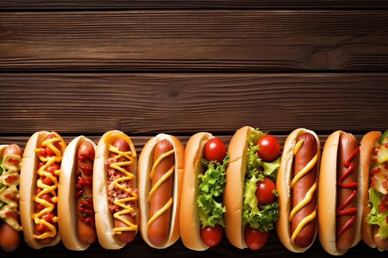 dog sausage bun fast bread background sauce food hot american meat. Generative AI.