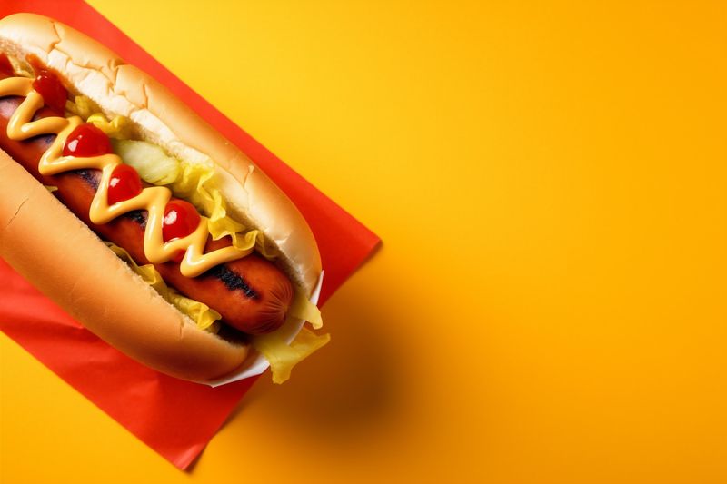 dog background food fast sausage hot sauce bread american meat hotdog. Generative AI.