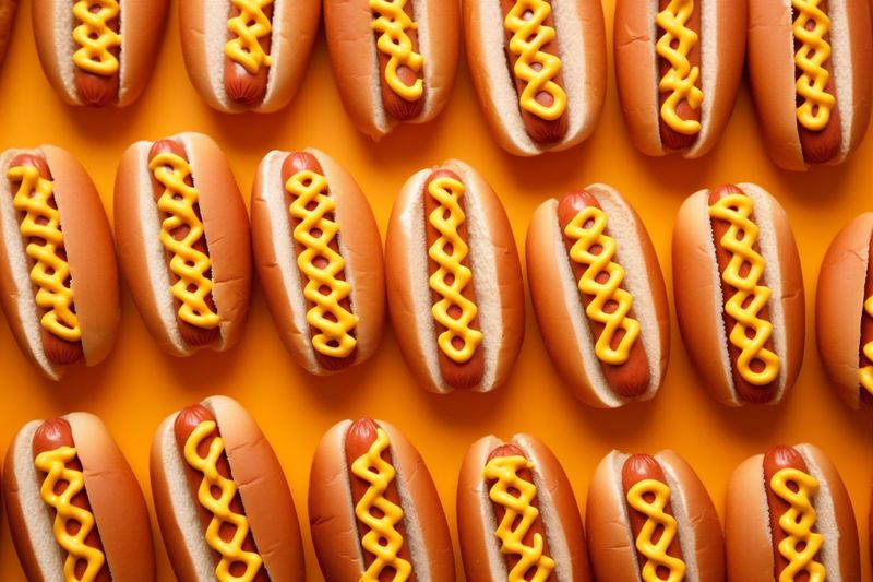dog fast sandwich american sausage food meat sauce hot bread background. Generative AI.