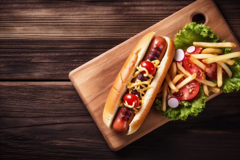 food dog background meat bread hot sauce fast grilled american sausage. Generative AI.