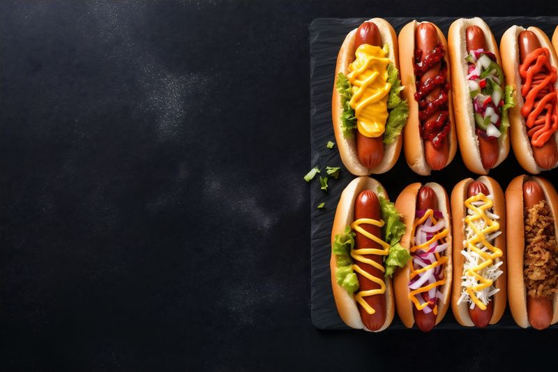 dog food hot fast meat sausage vegetable bread background sauce american. Generative AI.