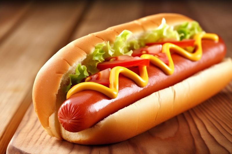 fast dog american snack sausage sauce hot bread meat background food. Generative AI.